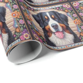 Bernese Mountain Dog Floral Colorful Border