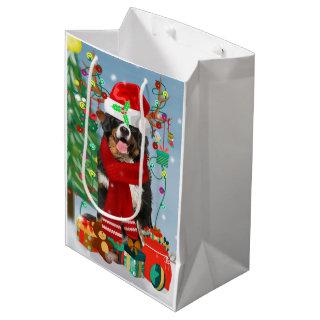 Bernese Mountain Dog in Snow with Christmas Gifts  Medium Gift Bag