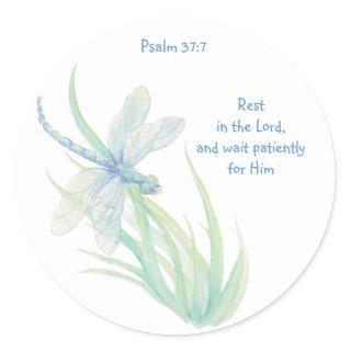 Bible Scripture Rest in the Lord Psalm Dragonfly Classic Round Sticker