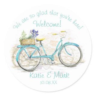 Bicycle with Basket Aqua Welcome Classic Round Sticker