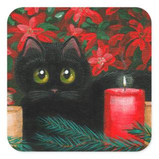 Big Eyed Christmas Cat Poinsettias Creationarts Square Sticker