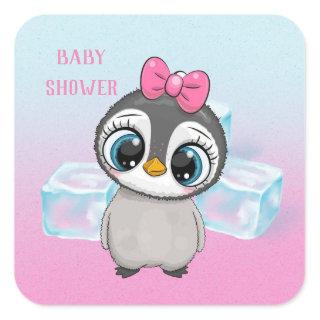 Big Eyes Cute Penguin with Pink Bow Baby Shower  Square Sticker