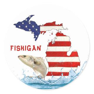 Big fish in water with Michigan flag Classic Round Sticker