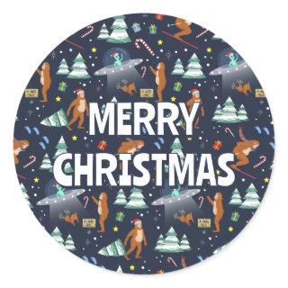 Big Foot, Aliens, & Reindeer Sci-Fi Christmas Classic Round Sticker