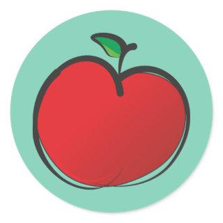 Big Red Apple Drawing on a Pale Green Background Classic Round Sticker