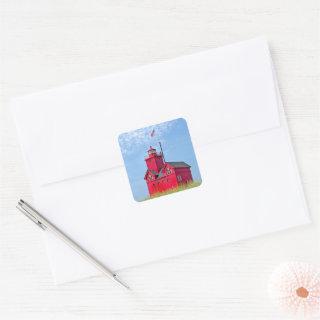 Big Red Michigan Lighthouse Square Sticker