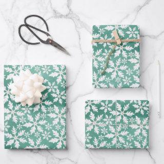 Big White Snowflakes Falling Green Background  Sheets
