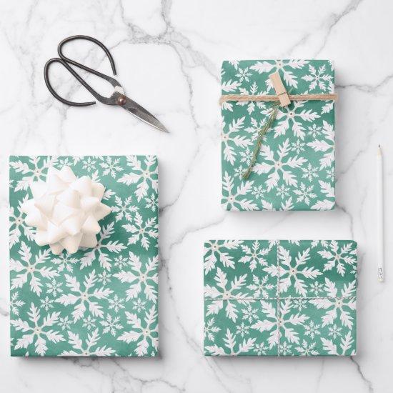Big White Snowflakes Falling Green Background  Sheets