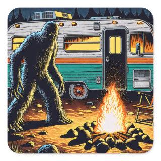 Bigfoot at Campfire and Retro Rv Square Sticker