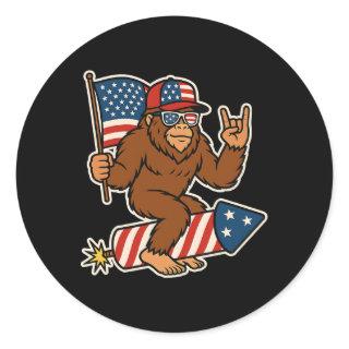 Bigfoot Merica Rock Patriotic American Flag 4th Of Classic Round Sticker