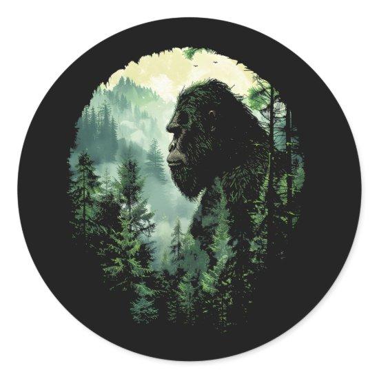 Bigfoot Sasquatch Surrounded By Forest Minimalist Classic Round Sticker