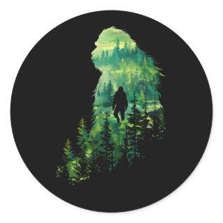Bigfoot Sasquatch Surrounded By Forest Minimalist Classic Round Sticker