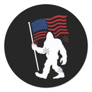 Bigfoot With American Flag Funny 4th Of July For H Classic Round Sticker