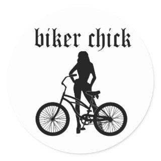 "Biker chick" female silhouette with bicycle! Classic Round Sticker