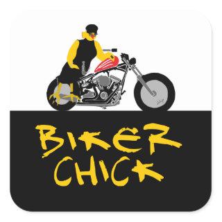 BIKER CHICK Sitting on Her Motorcycle Square Sticker