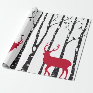 Birch trees with red Christmas deer and birds