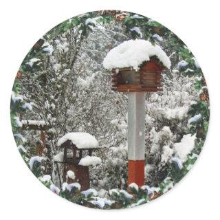BIRD FEEDERS & SNOW by SHARON SHARPE Classic Round Sticker