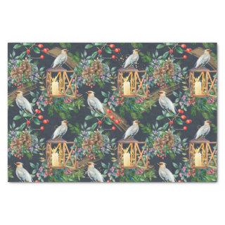 Bird finch, Christmas greenery, red berry, candles Tissue Paper