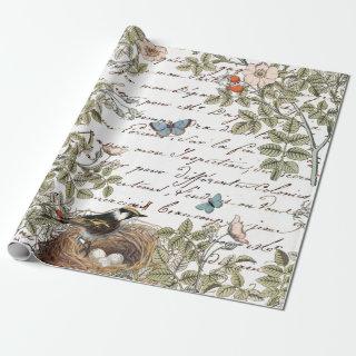 Bird Nest Pink Rose Butterfly Gold French Script