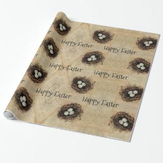 Bird Nest Vintage Antique Retro Brown Eggs Pattern