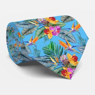 Bird Of Paradise And Orchid Summer Blue Garden Neck Tie