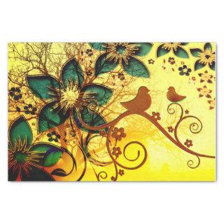 Birds and Flowers on a Yellow Background Tissue Paper