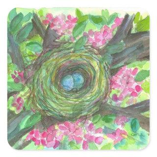 Birds Nest Robins Eggs Watercolor Blossoms Square Sticker