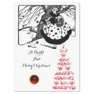 BIRDS TREE AND CHRISTMAS LADY Black White Red Gem Tissue Paper