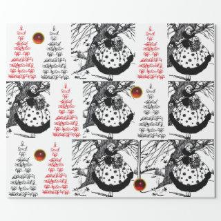 BIRDS TREE AND CHRISTMAS LADY Black White Red Gems