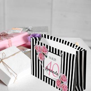 Birthday black stripes pink florals monogram large gift bag