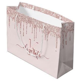 Birthday blush pink glitter rose gold monogram large gift bag