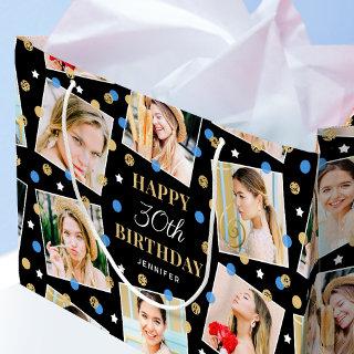 Birthday Confetti Custom Name Photo Collage Blue Large Gift Bag