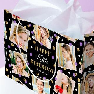 Birthday Confetti Custom Name Photo Collage Purple Large Gift Bag