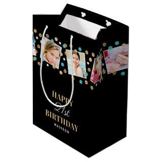 Birthday Confetti Custom Name Photo Collage Teal Medium Gift Bag