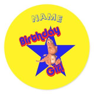 Birthday Girl Cute Dinosaur Personalized Classic Round Sticker