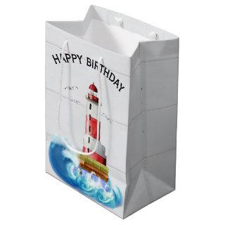 Birthday Lighthouse On Whitewashed Wood Medium Gift Bag