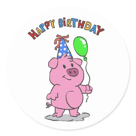 Birthday Pig cartoon | choose background color Classic Round Sticker