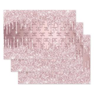 Birthday pink glitter drips dusty rose monogram  sheets