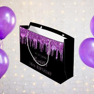 Birthday purple glitter pink drips black monogram large gift bag