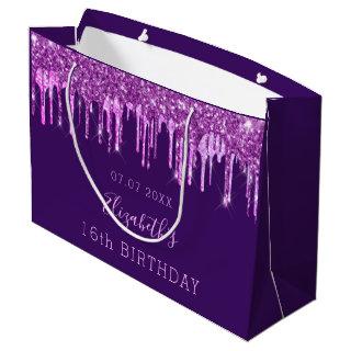 Birthday purple glitter pink drips monogram glam large gift bag
