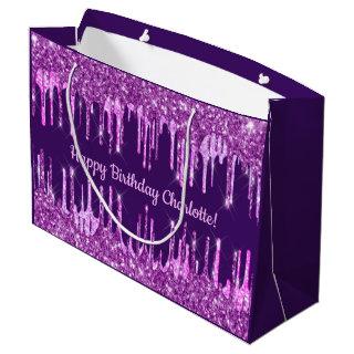 Birthday purple glitter pink drips name glamorous large gift bag