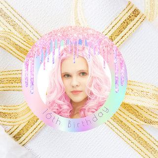 Birthday rainbow glitter drips custom photo pink classic round sticker