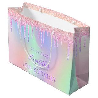 Birthday rainbow pink glitter drips monogram large gift bag