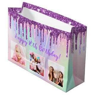 Birthday rainbow purple glitter drips custom photo large gift bag
