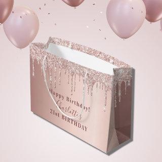 Birthday rose gold glitter drips blush monogram large gift bag