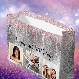 Birthday silver pink glitter drips custom photo large gift bag