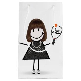 Birthday Stick Figure Girl with Pickleball Small Gift Bag