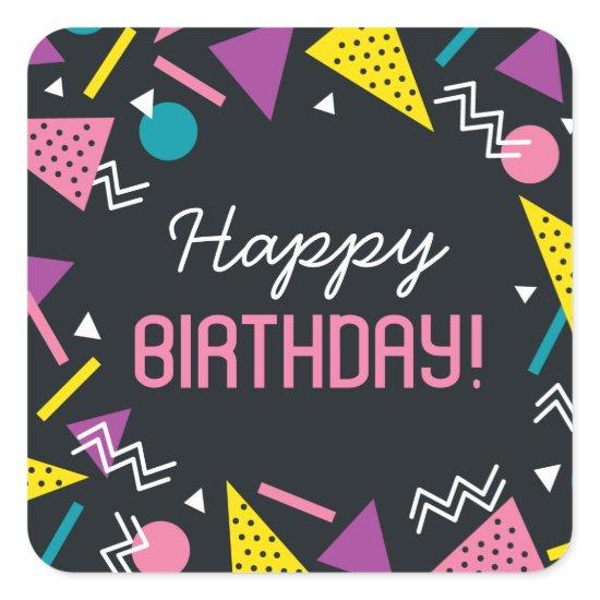 Black 80s Pattern Birthday Square Sticker