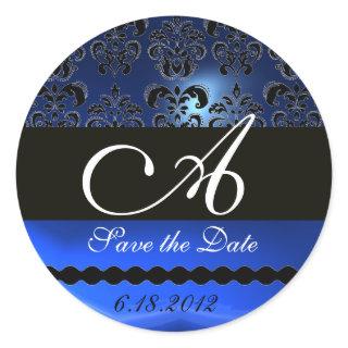 BLACK AND BLUE SAPPHIRE DAMASK MONOGRAM, CLASSIC ROUND STICKER