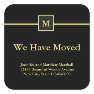 Black and Faux Gold Monogram Moving Announcement Square Sticker